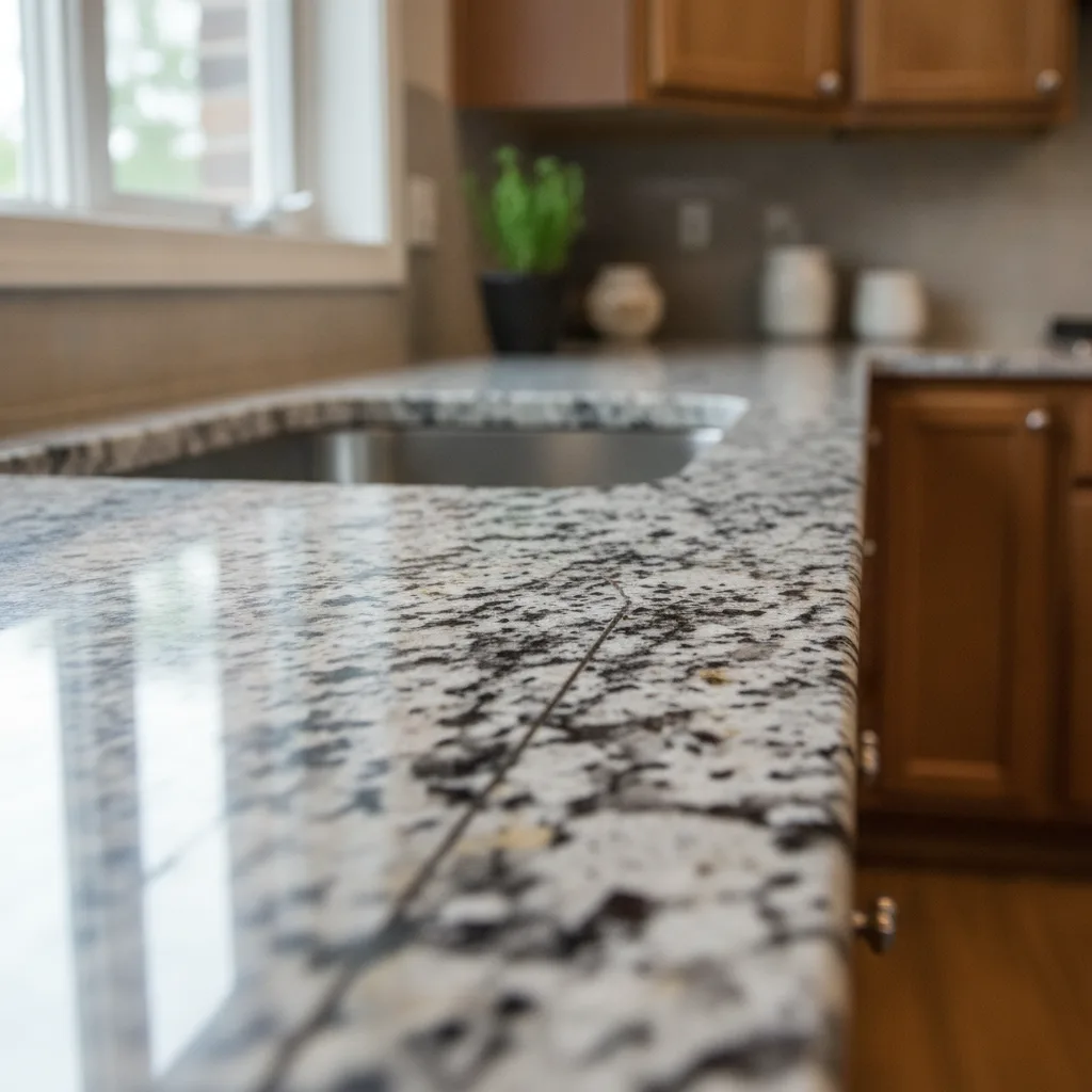 Close-up of a polished granite kitchen countertop with a nearly invisible seam running through a sink cutout area.