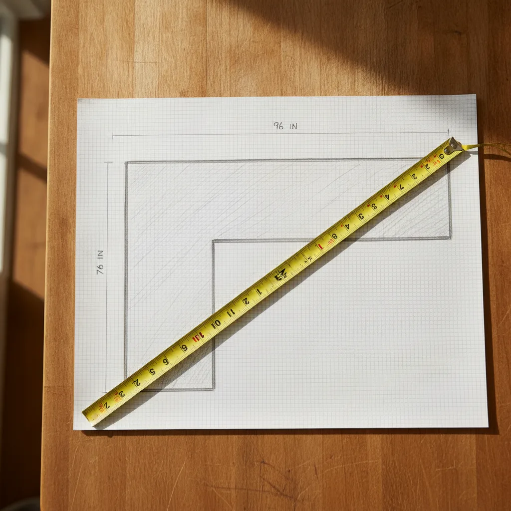 Overhead shot of a hand-drawn kitchen countertop layout sketch on graph paper with a tape measure laid across it.