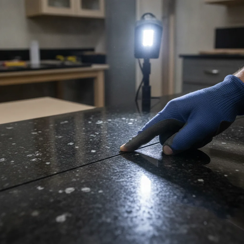 A gloved hand runs a fingernail along a granite countertop seam, checking for imperfections under bright task lighting.