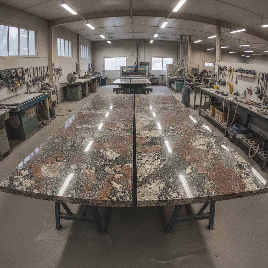 Wide shot of a stone fabrication shop floor with two large granite slabs laid side by side for a dry-fit seam check.