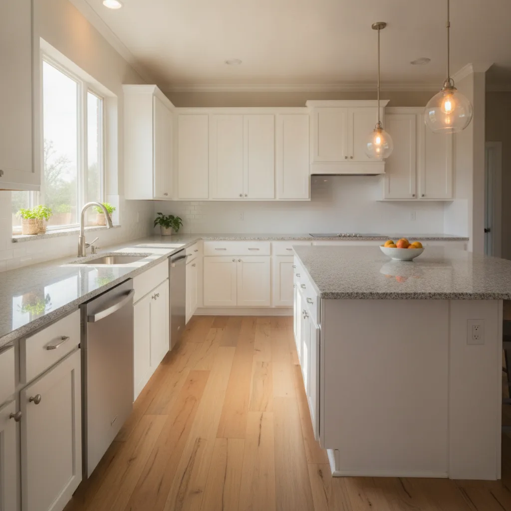 Bright Central Texas kitchen with light gray granite countertops, white shaker cabinets, and warm pendant lighting.