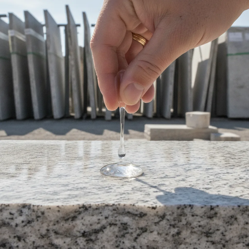 A homeowner's hand applies a water droplet to a granite slab sample in a bright outdoor stone yard.