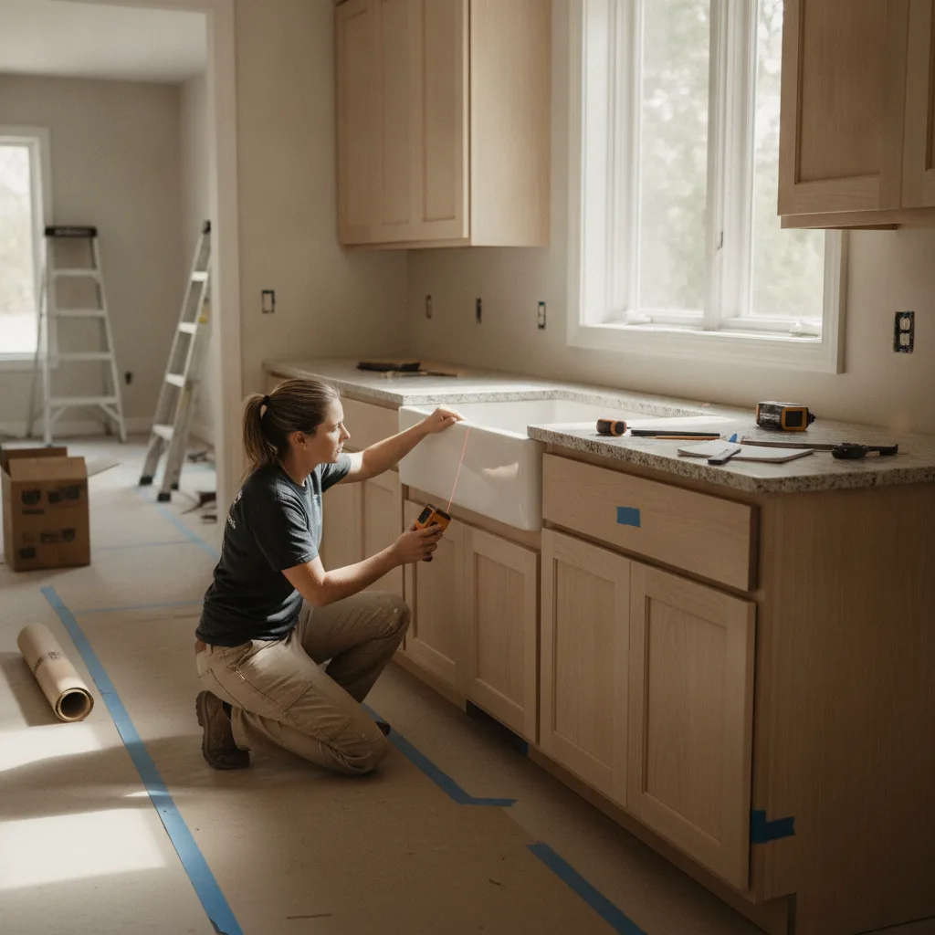 A fabricator's crew member measures a kitchen cabinet run with a digital laser measure tool.