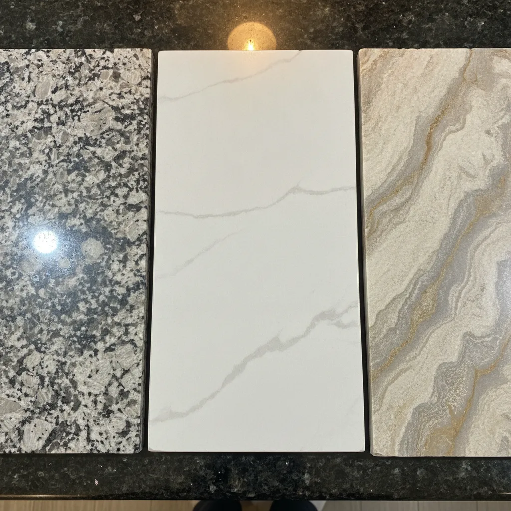 Three large stone slab samples (polished granite, honed quartz, leathered quartzite) laid side by side on a countertop.