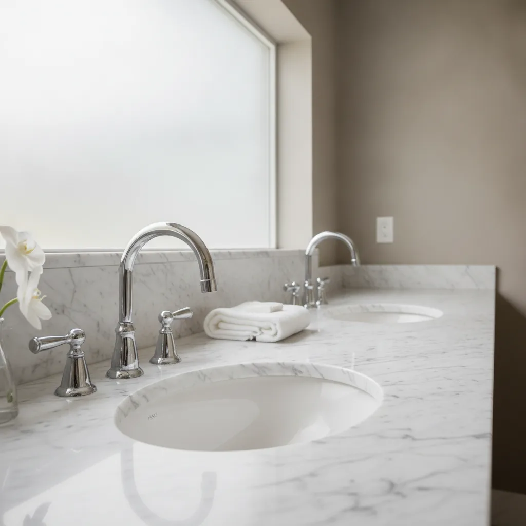 Wide-angle shot of a luxury bathroom vanity with Carrara marble countertop, double sinks, chrome faucets, and natural light.