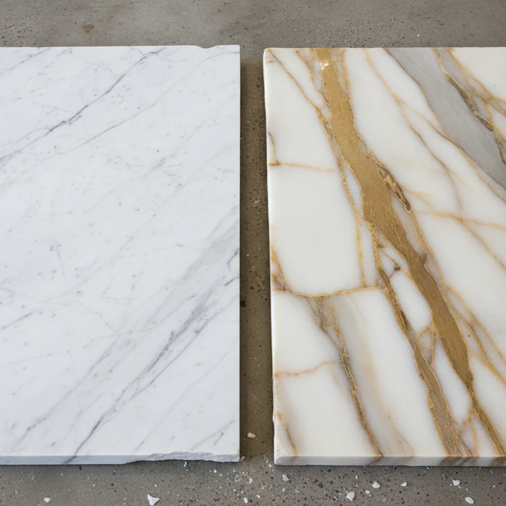 Close-up of Carrara and Calacatta marble slab samples on a showroom floor, showcasing gray and gold veining.