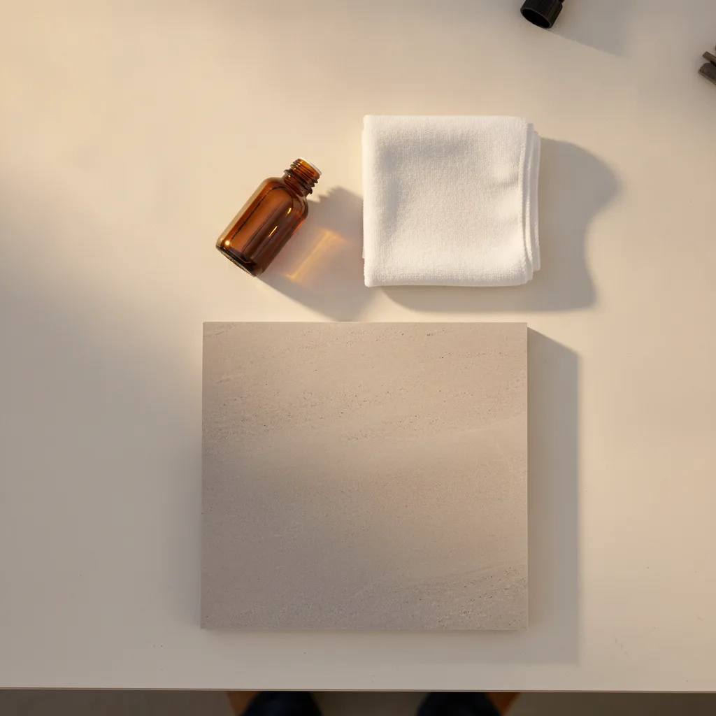 Overhead shot of a brown glass bottle of stone sealer, folded microfiber cloth, and honed marble tile on a workshop bench.
