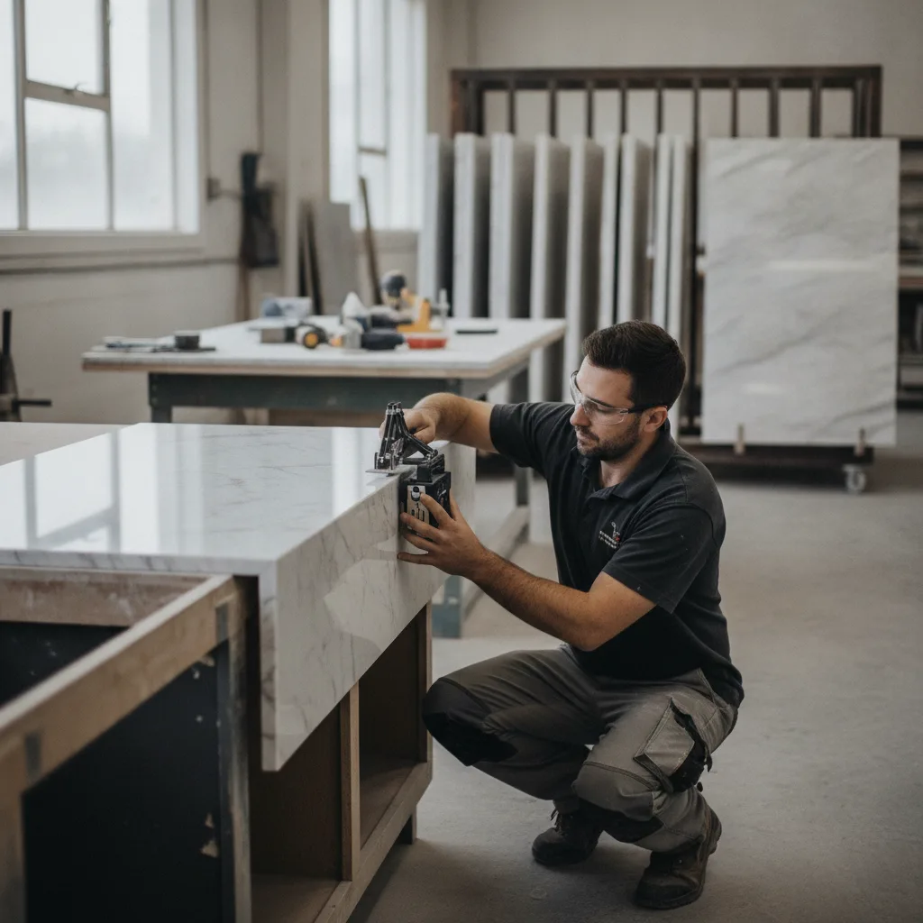 A stone fabricator measures a bathroom vanity top with a digital template tool in a workshop.