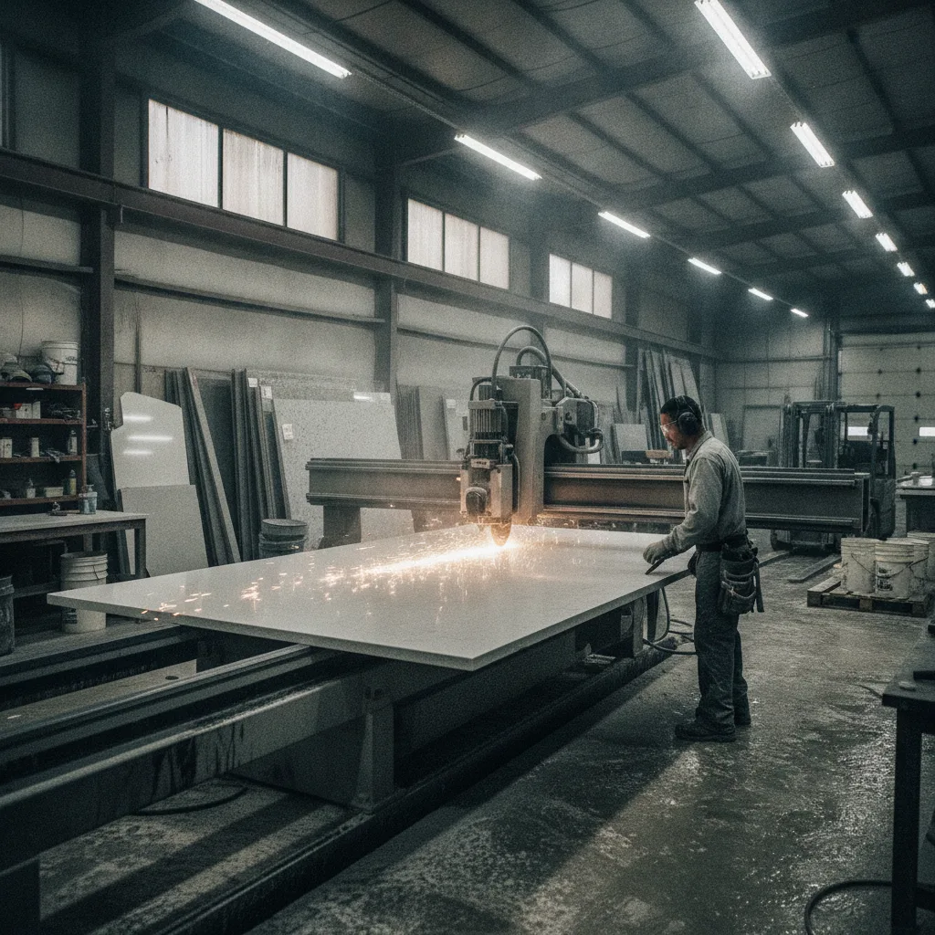 A stone fabricator in safety glasses using a CNC bridge saw to cut a large quartz slab in a Texas shop.