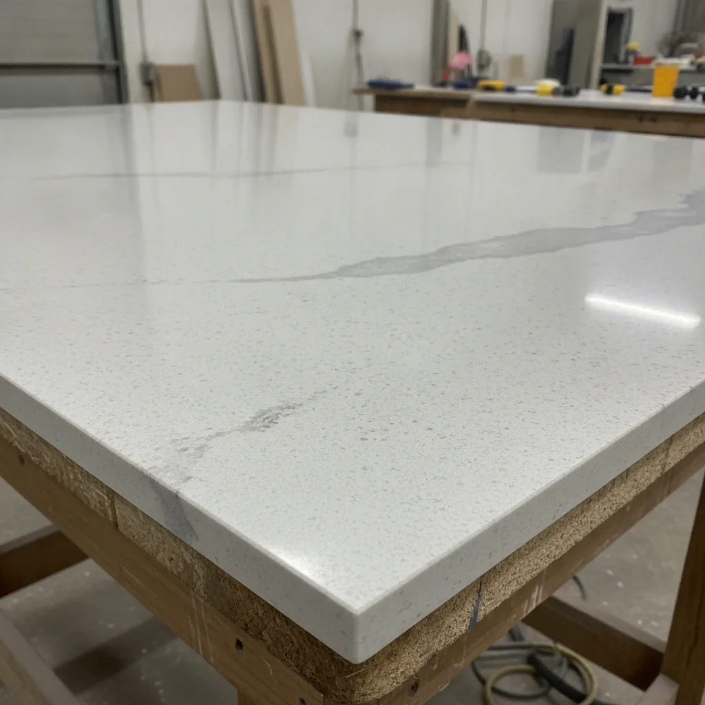 Close-up of a polished quartz countertop slab with fine grain texture and faint veining on a workbench.