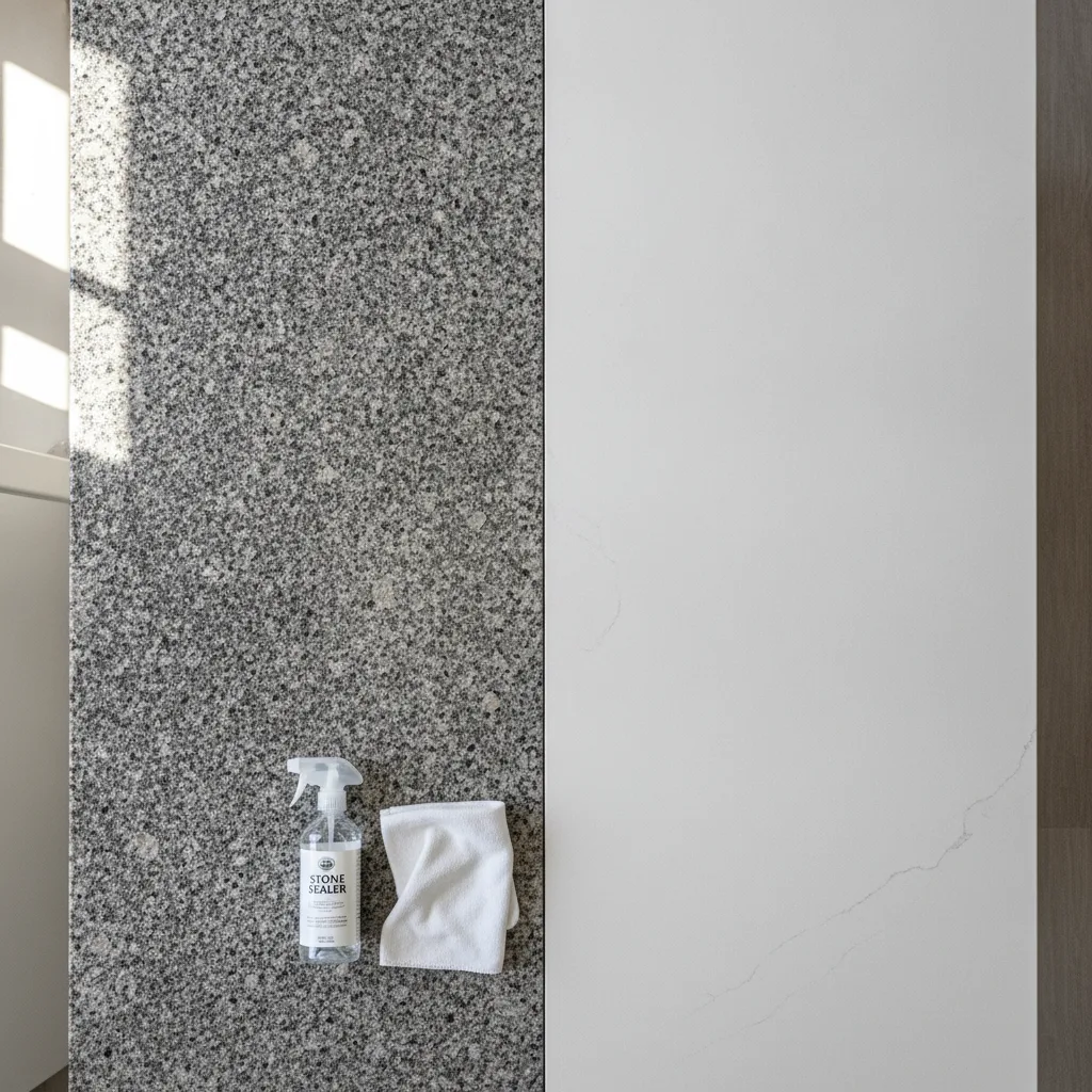 Overhead shot comparing granite and quartz kitchen countertops, highlighting granite's porous texture and sealing product.