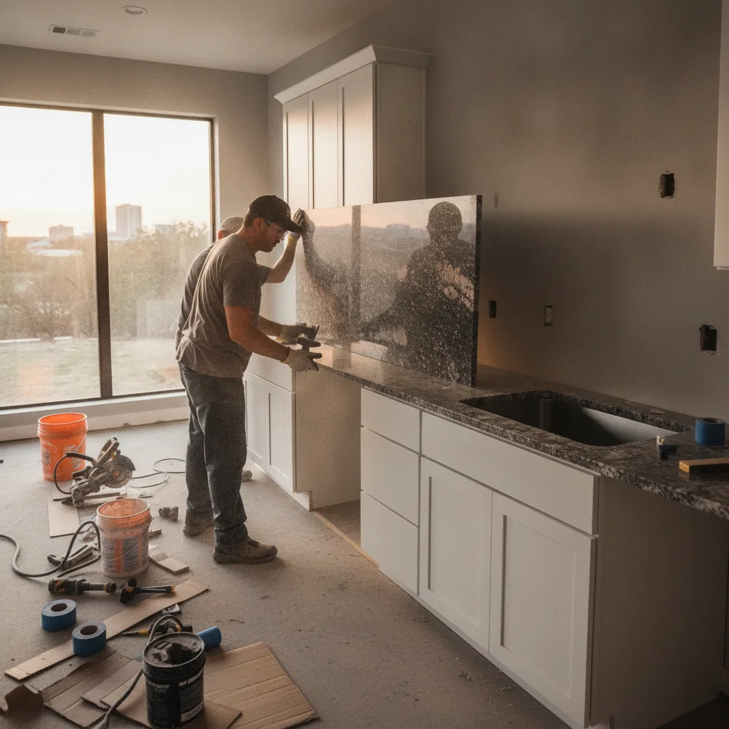 Fabricators carefully position a freshly cut granite slab onto white shaker cabinets in a modern Austin home.