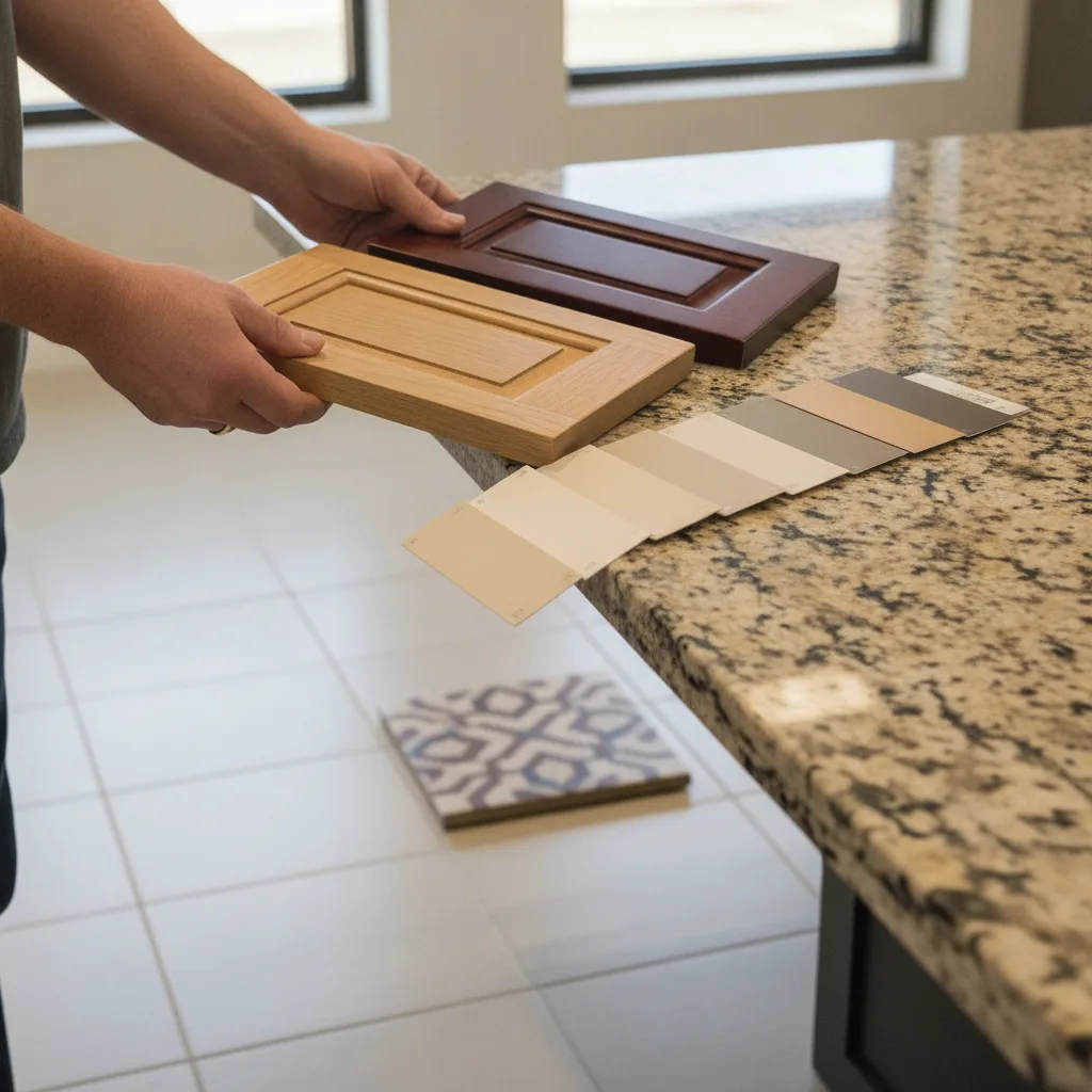 Hands hold cabinet door samples and paint swatches beside a granite slab and tile chip in a bright showroom.