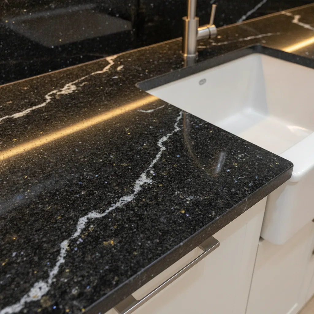 Close-up of a polished granite kitchen countertop with deep mineral sparkle, white veining, and an undermount sink.