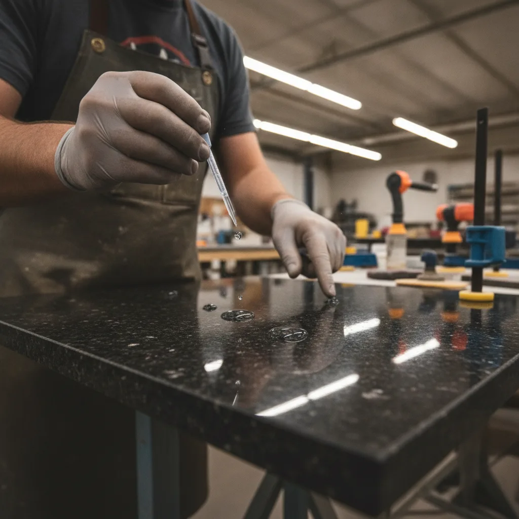 A fabricator performs a water-drop bead test on a dark granite vanity top surface in a workshop.