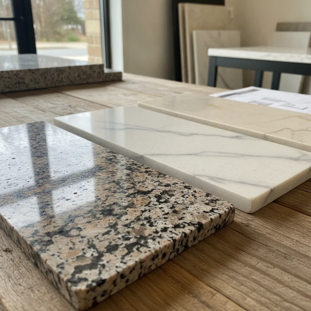 Close-up of three stone countertop samples (granite, quartz, marble) on a wooden table in a bright showroom.