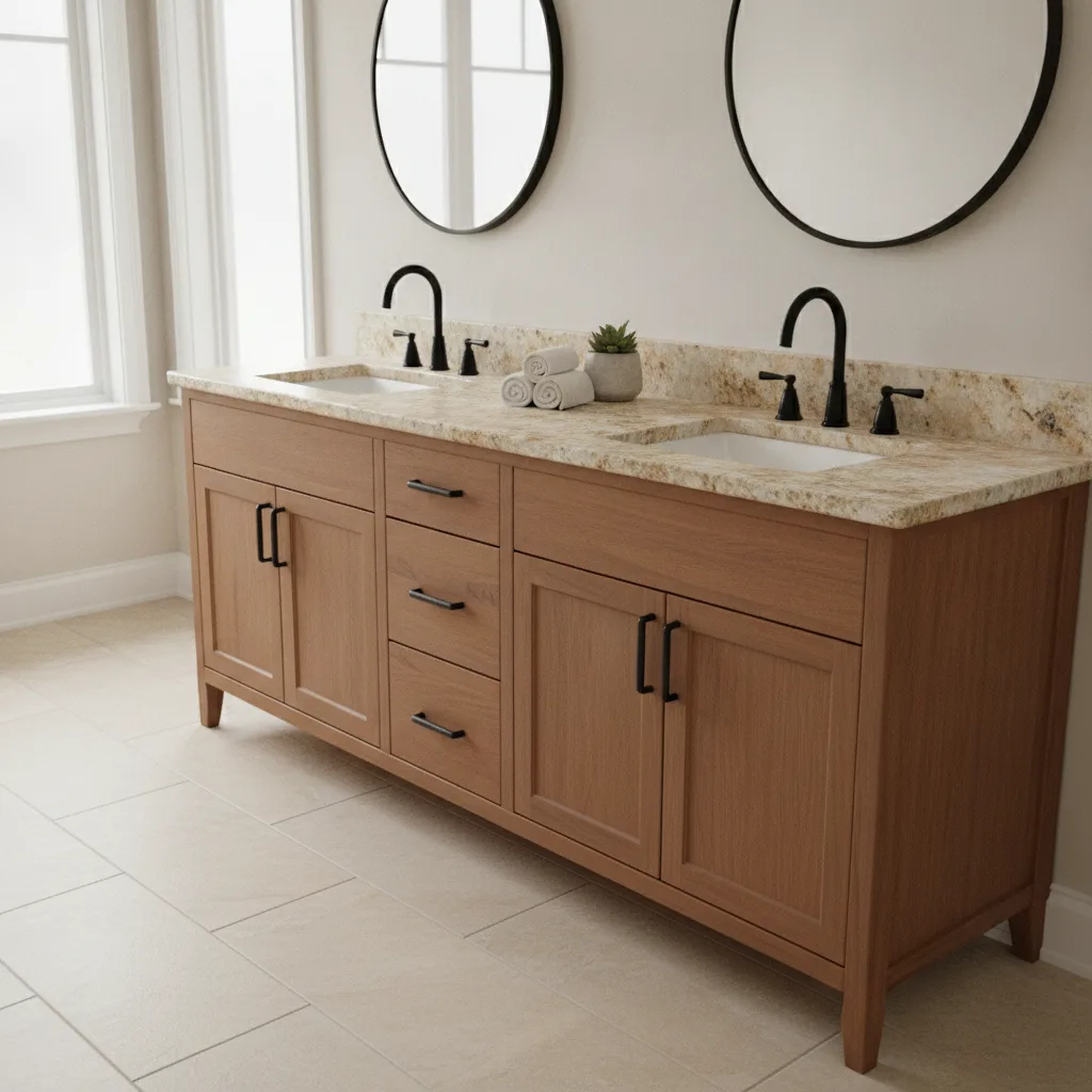 Double-sink bathroom vanity with leathered granite, vessel sinks, matte black fixtures, and wood cabinetry.