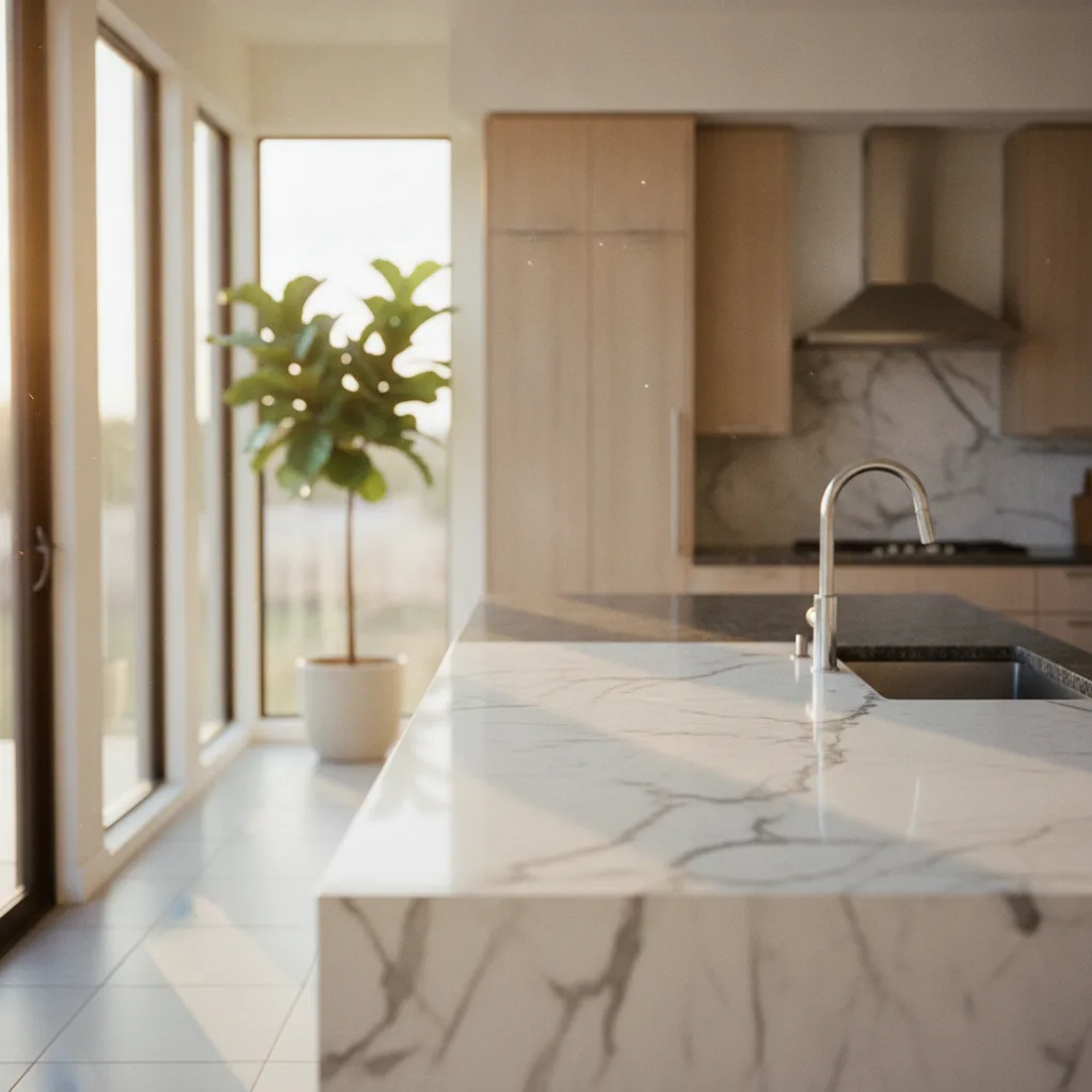 A modern kitchen in Central Texas with a dark granite countertop and a white marble island under warm afternoon light.