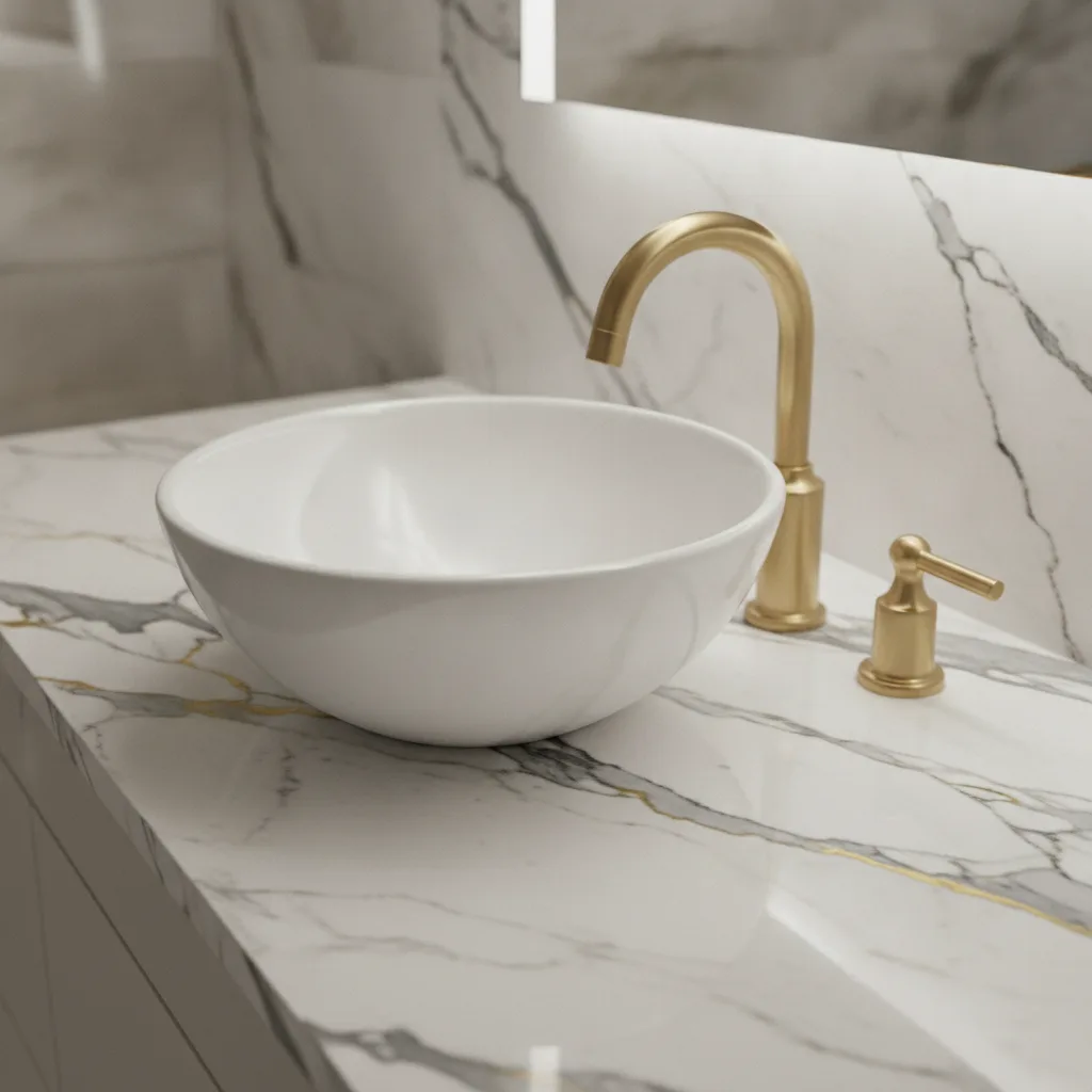 Photorealistic Calacatta marble vanity with gray and gold veining, vessel sink, brushed gold faucet, soft lighting.