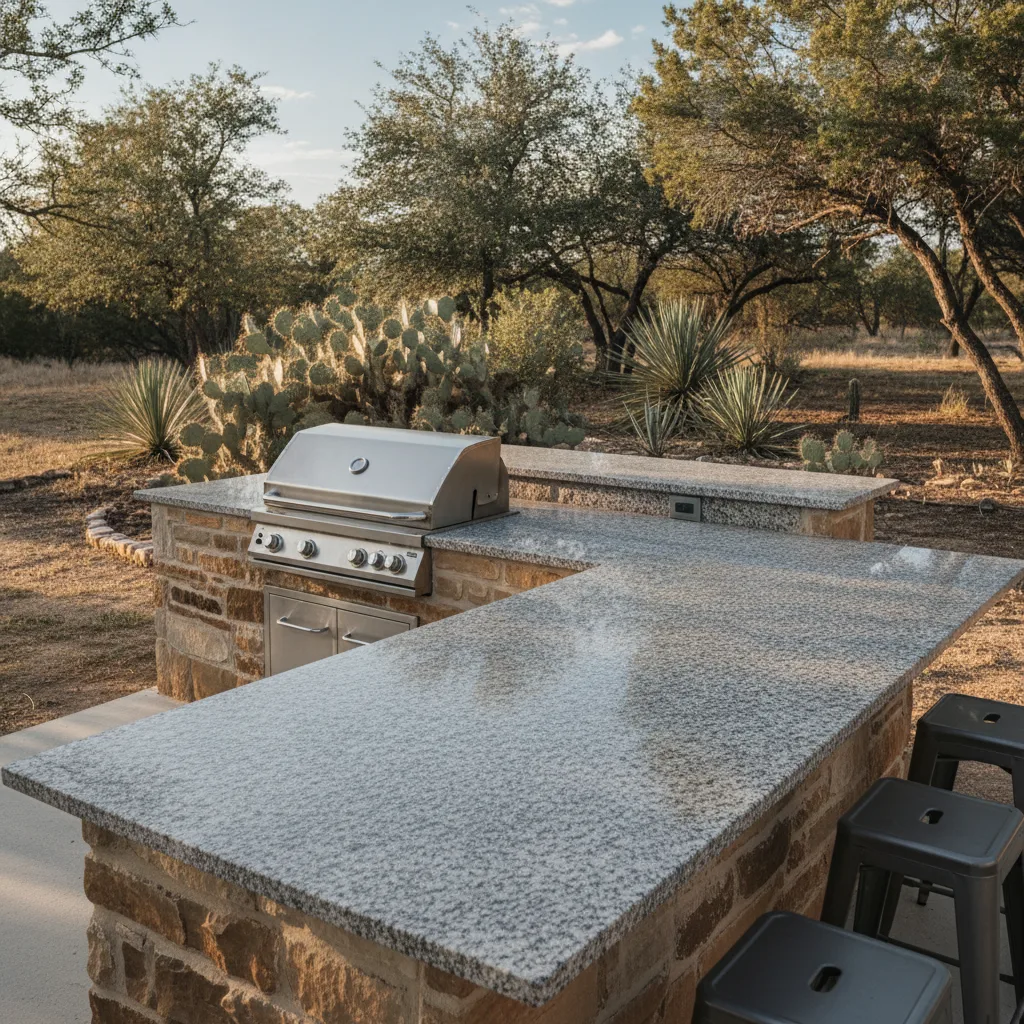 Central Texas outdoor kitchen with gray granite countertops, integrated gas grill, and native landscaping in afternoon sun.
