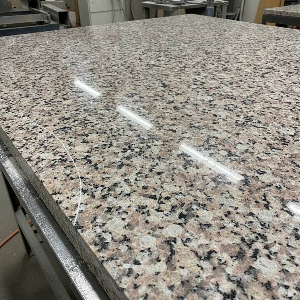 Close-up of a freshly cut granite slab on a fabrication table, showing speckled mineral patterns and crystal details.