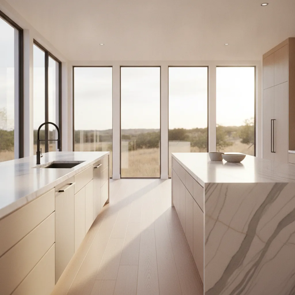 A wide, sun-filled modern kitchen in a Central Texas home with quartzite countertops and white oak cabinetry.