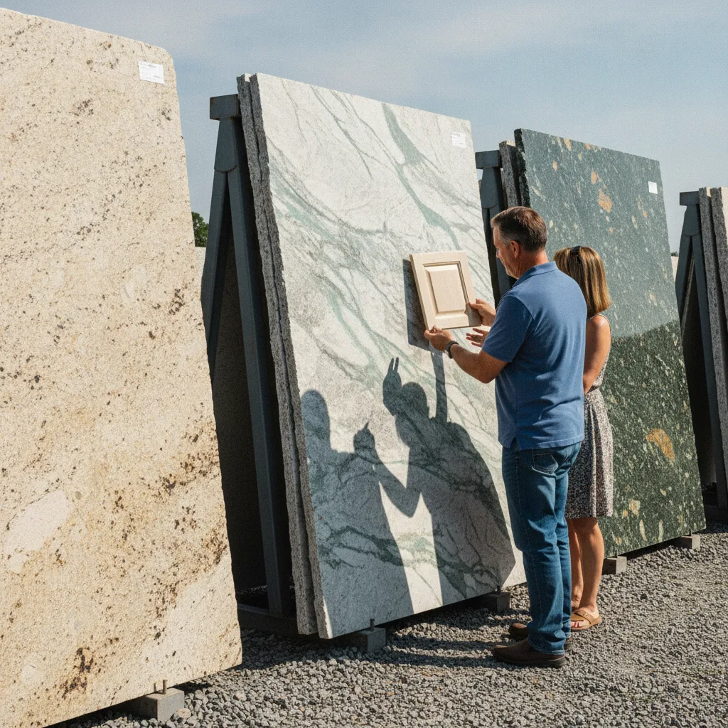 Homeowner comparing cabinet door sample to granite slab in a New Braunfels, Texas slab yard on a bright afternoon.