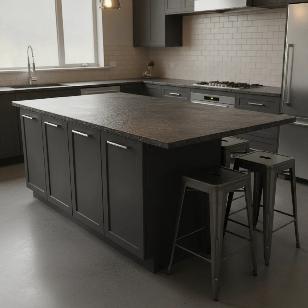 A sleek kitchen island with a leathered granite countertop and dark charcoal base cabinets, complemented by a subway tile backsplash.