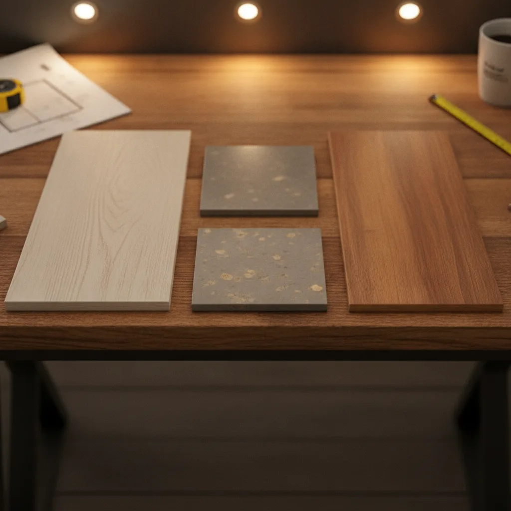 Kitchen designer's work table with white oak cabinet sample, gray quartz chips, and wood flooring under warm lights.