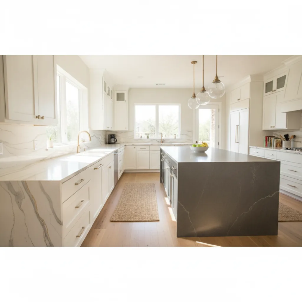 Bright Central Texas kitchen with warm cream quartzite countertops, white shaker cabinets, and a large island.