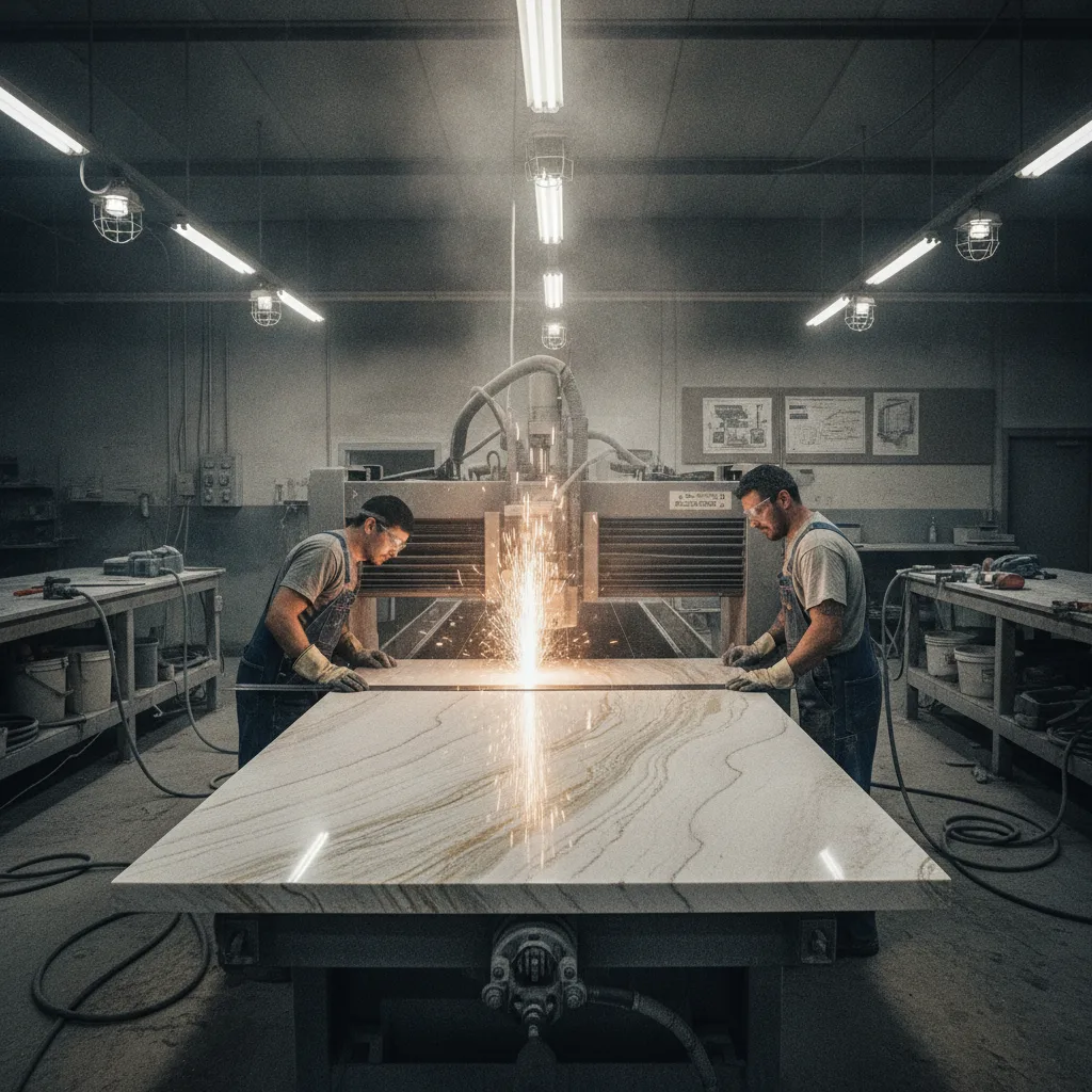 Two fabricators measuring a large quartzite slab being cut by a waterjet in a dimly lit industrial workshop.