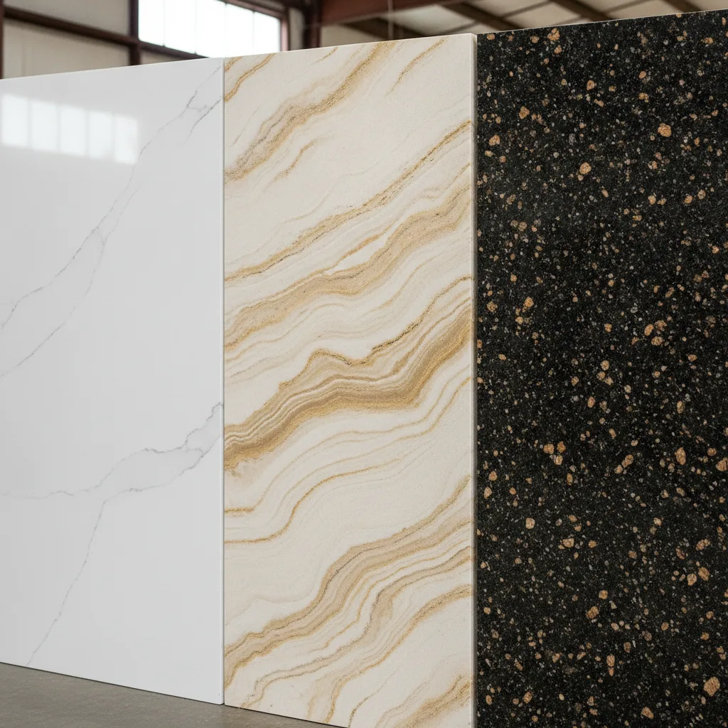Three stone countertop slabs in a showroom: white quartz, cream quartzite with gold, and dark granite with caramel.