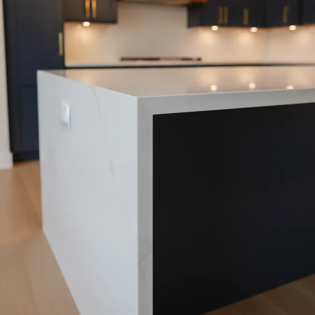 A close-up of a kitchen island with a white quartz countertop featuring an ogee edge and a waterfall edge to the floor.