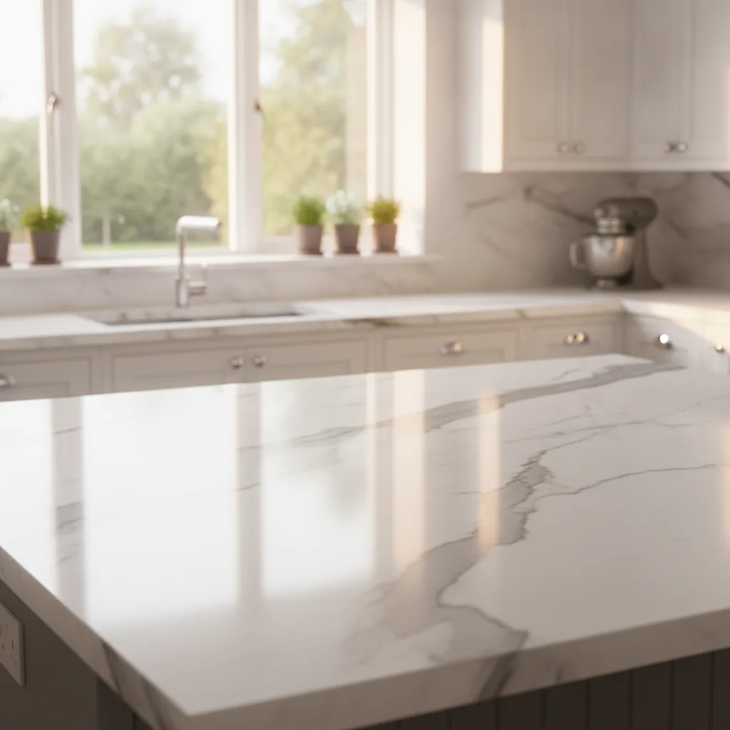 Polished white Carrara marble kitchen countertop with gray veining in a bright modern kitchen with white shaker cabinets.