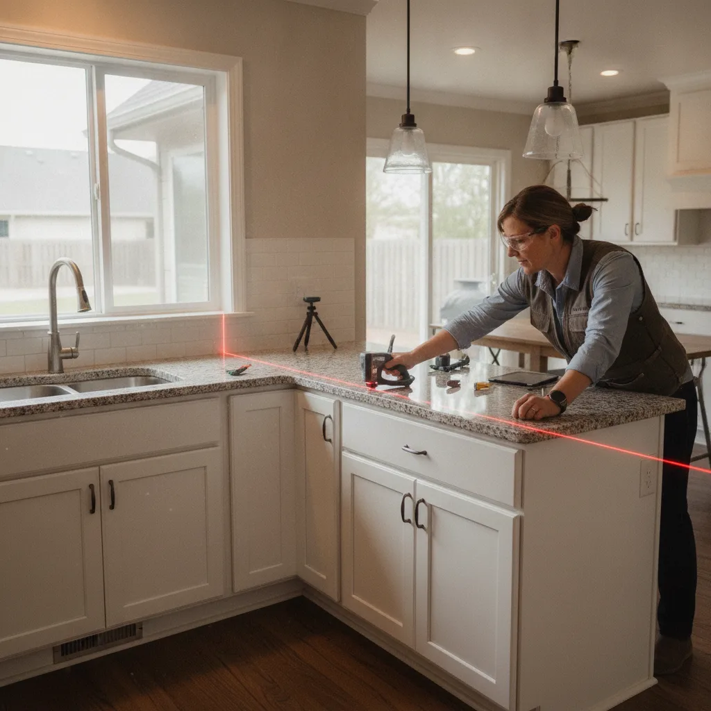 A technician uses a laser digital templating device to measure kitchen cabinet runs in a residential kitchen.