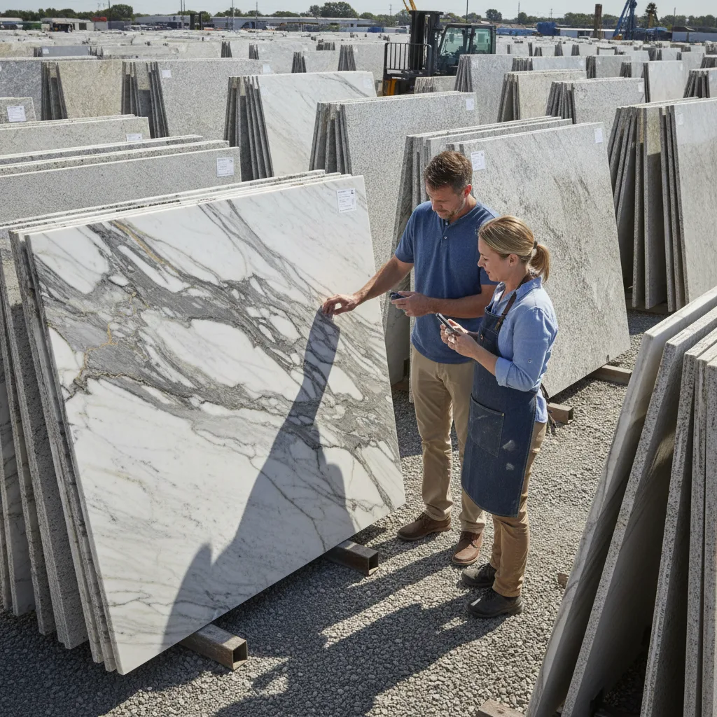 A homeowner and a stone fabricator examining marble slabs with dramatic veining under bright outdoor daylight.