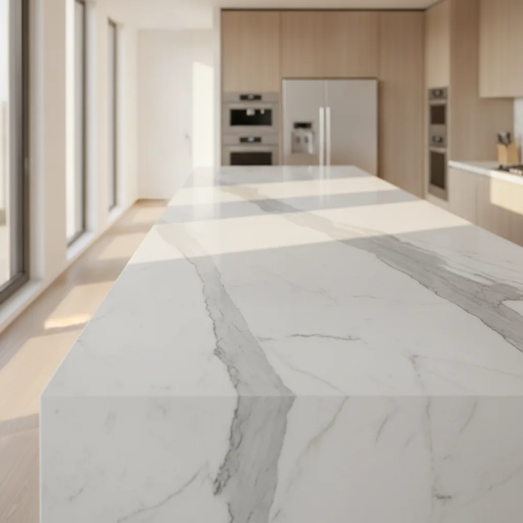 Wide shot of a polished white Carrara marble countertop in a modern kitchen with natural afternoon light.