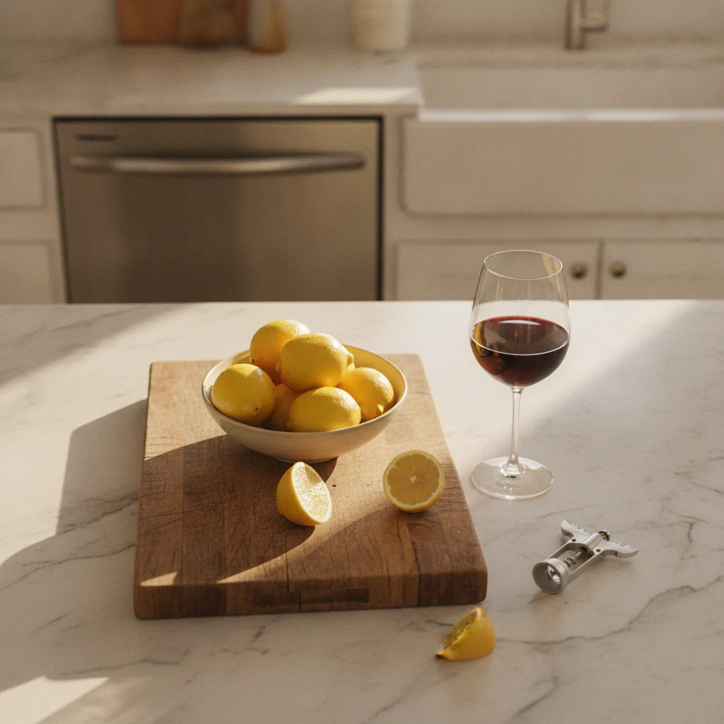 An overhead shot of a kitchen counter with a wooden cutting board, a bowl of lemons, and a glass of red wine.