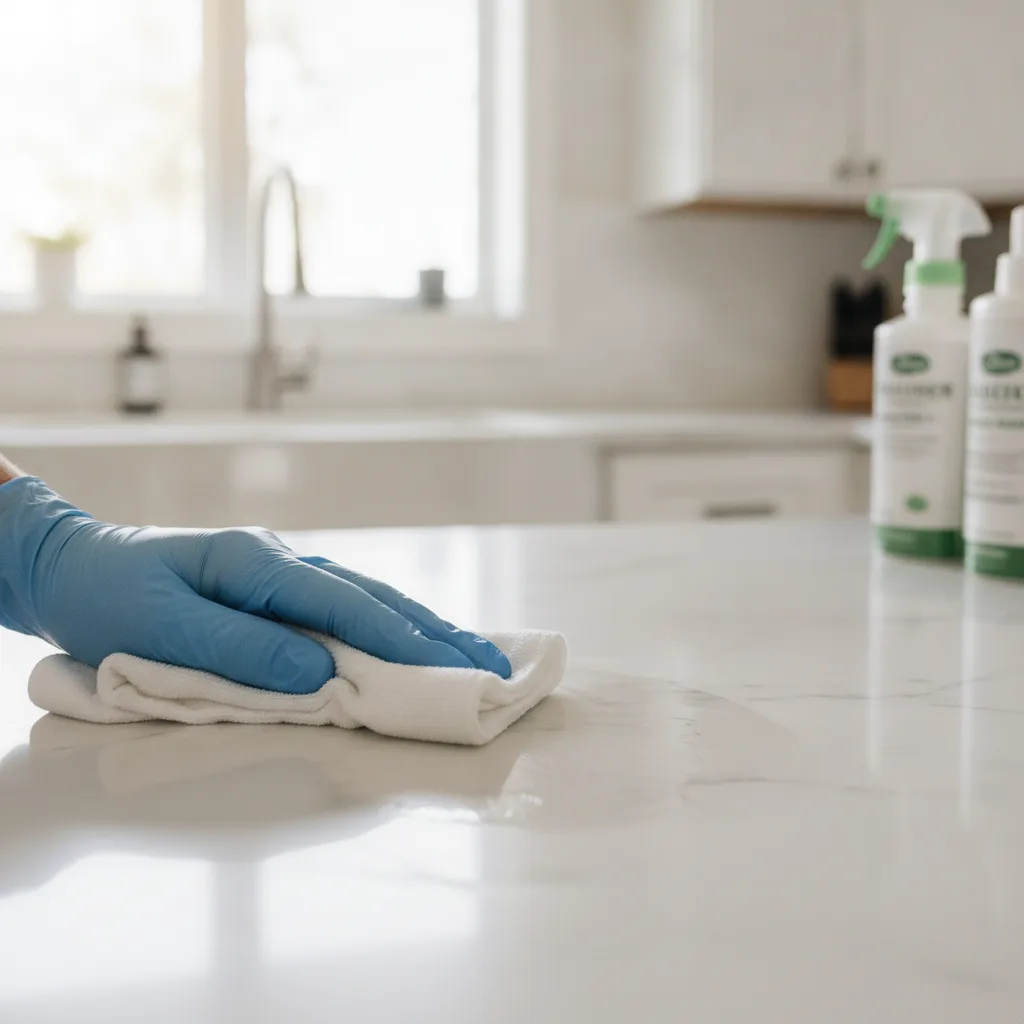 A gloved hand applies stone sealer to a honed marble countertop with a white cloth in a clean kitchen.