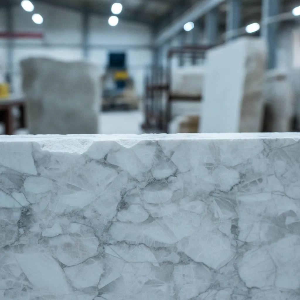 Close-up of a freshly cut white and gray marble slab edge, revealing its crystalline grain and subtle veining in a stone fabrication yard.