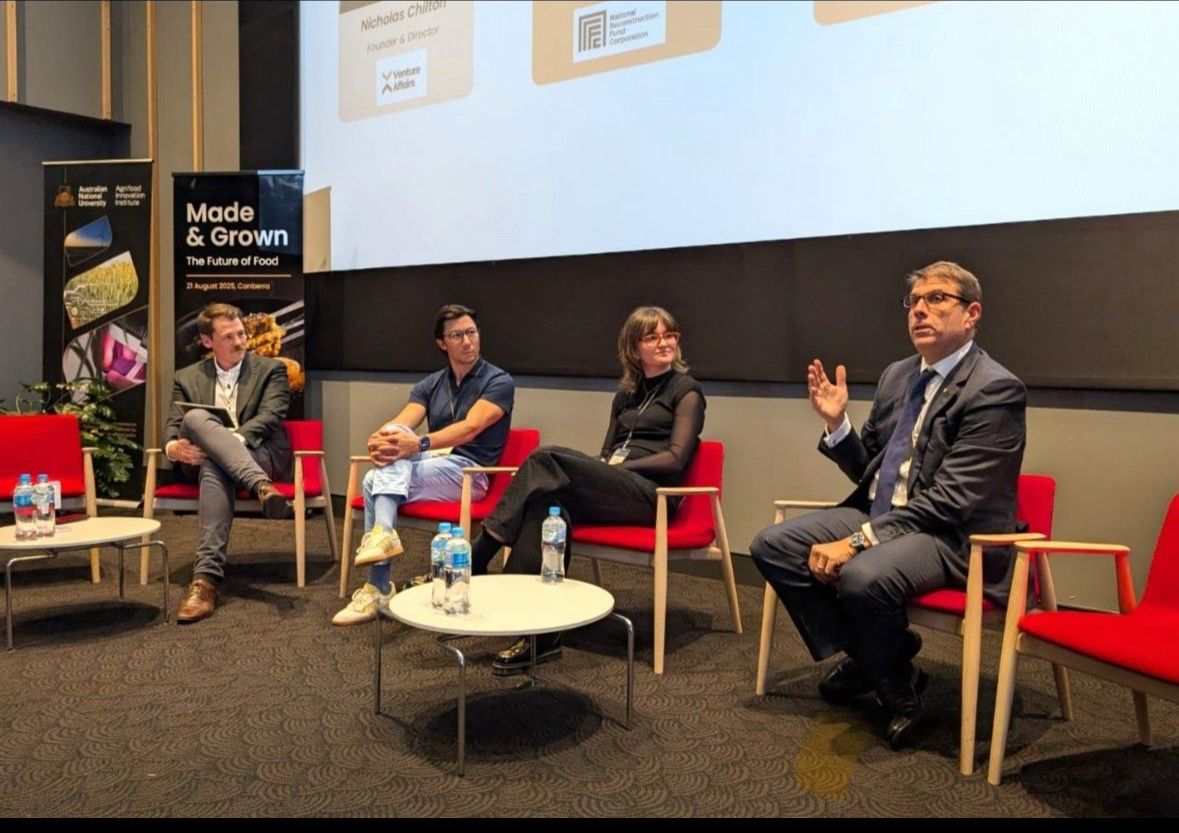 Nicholas Chilton of Venture Affairs with Emerald Scofield, Anthony Chow, and NRF Chair Martijn Wilder AM at the Future of Food event