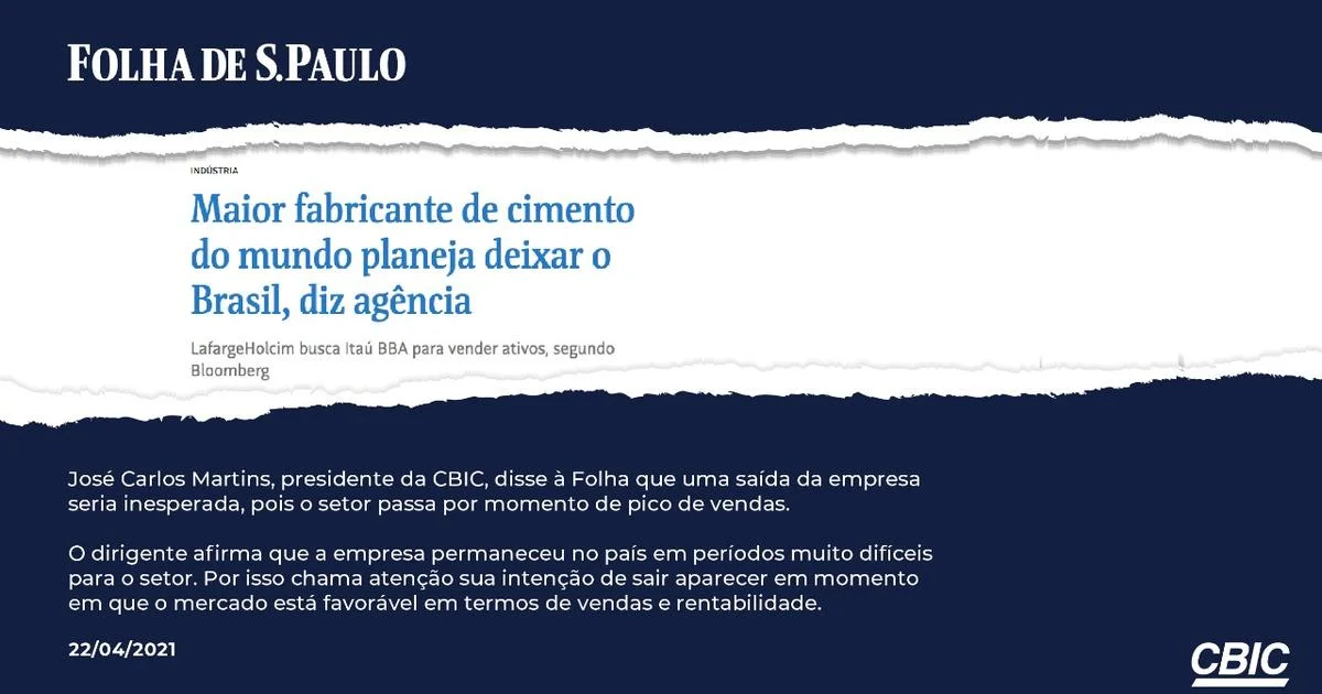 Intenção da maior fabricante de cimento de deixar o País surpreende CBIC