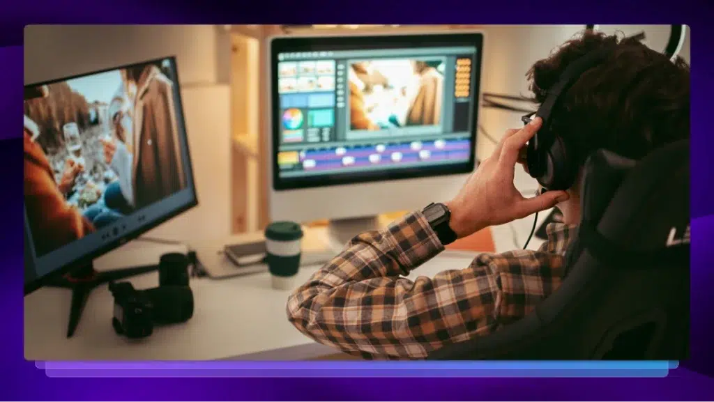 Laptop and smartphone displaying video editor timeline and preview for video editing software