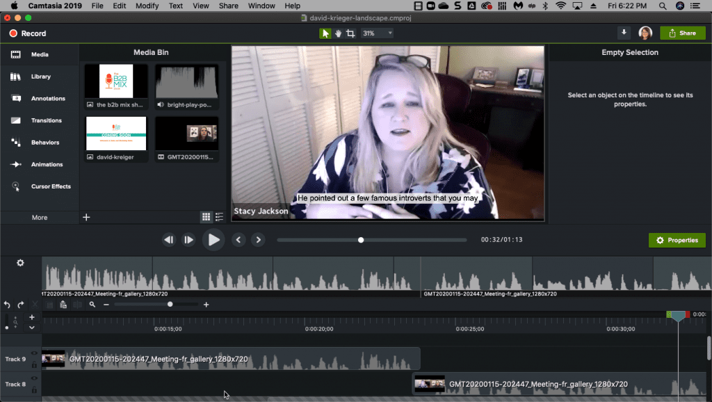 A video with captions and an editing platform within Camtasia