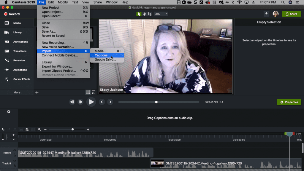 File settings open and hovering over Import > Captions in the Camtasia platform