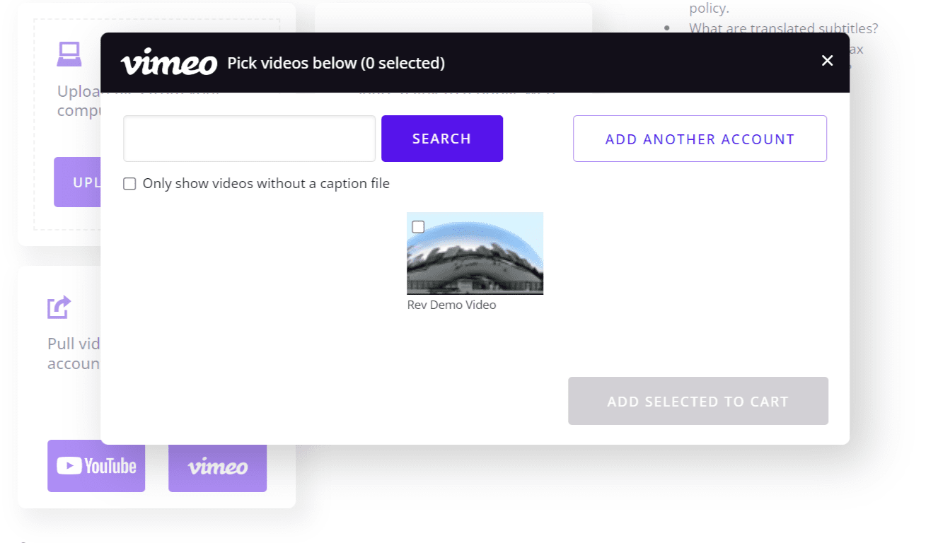 Vimeo upload pop up on Rev checkout platform