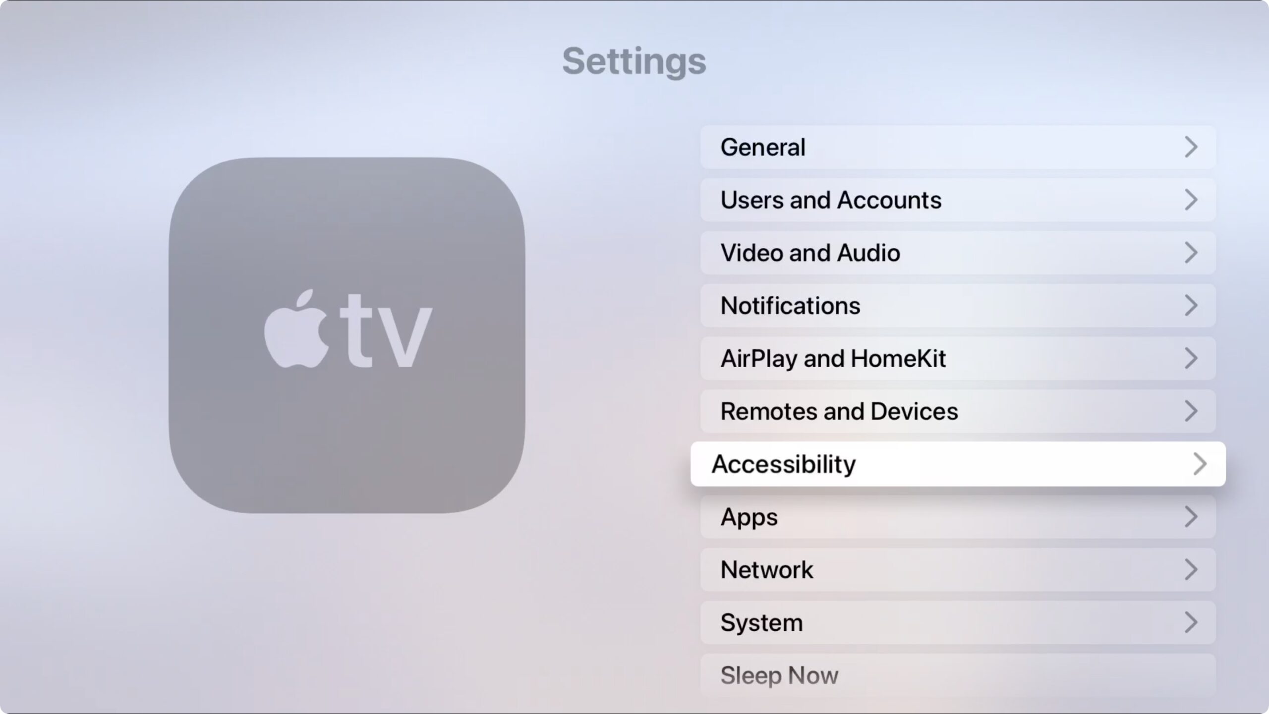 Screenshot of Apple TV Accessibility features. Step 3 of Apple TV subtitles management. 