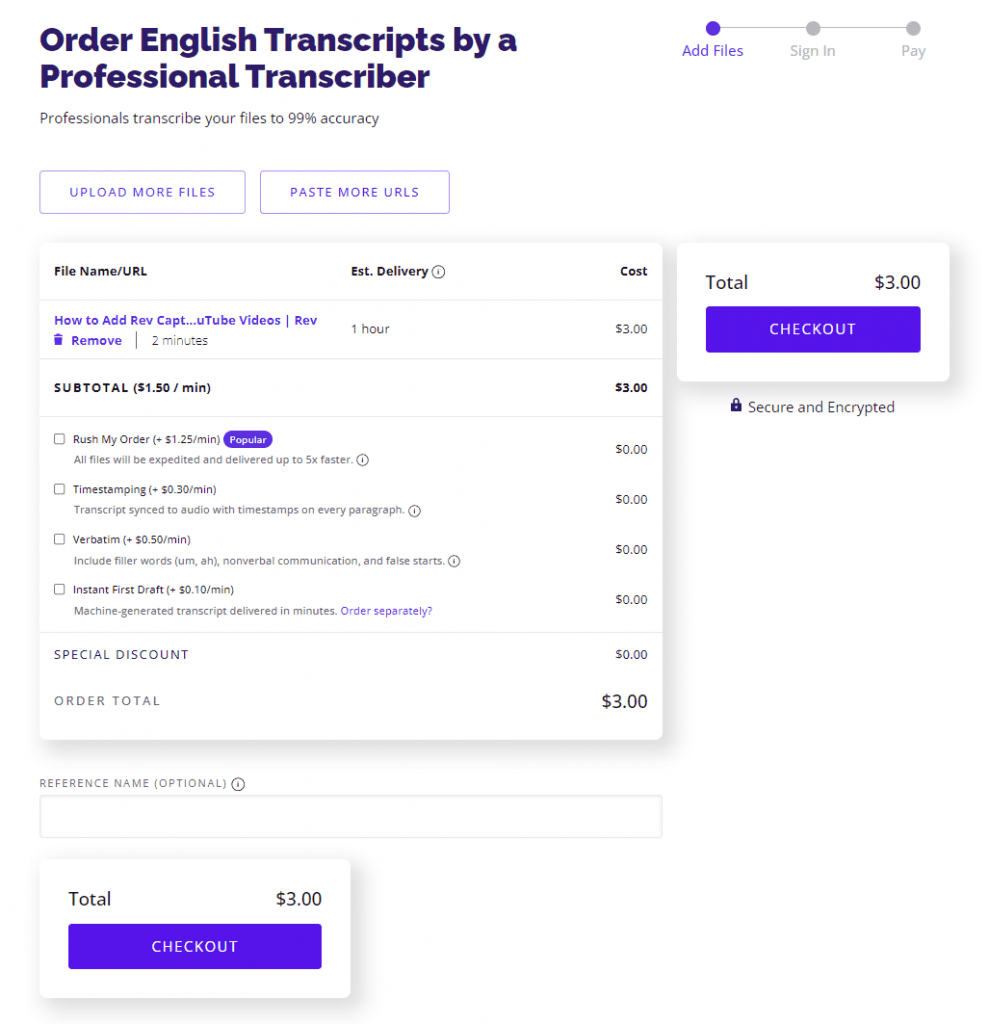 English transcript summary checkout page on the Rev platform