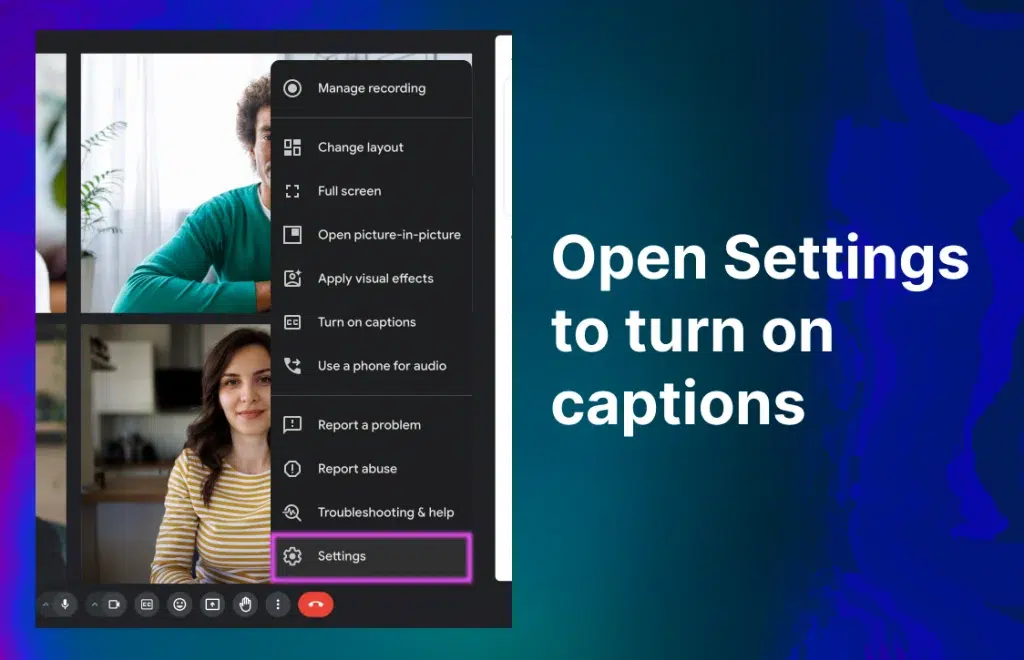 A Google Meet screenshot with the “Setting” button highlighted and the words “Open Settings to turn on captions,” on the right.