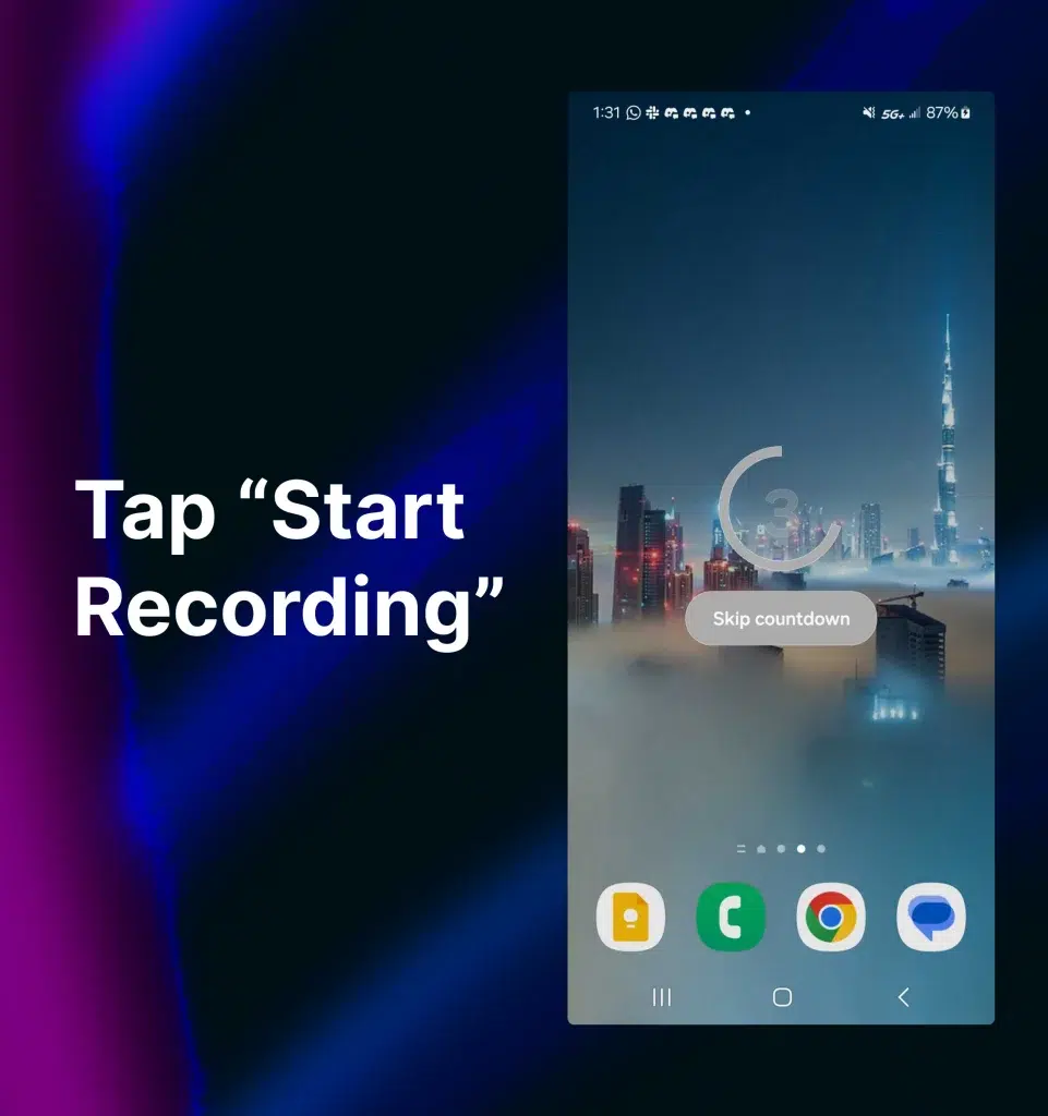 Where to tap “Start Recording” on an Android Device.